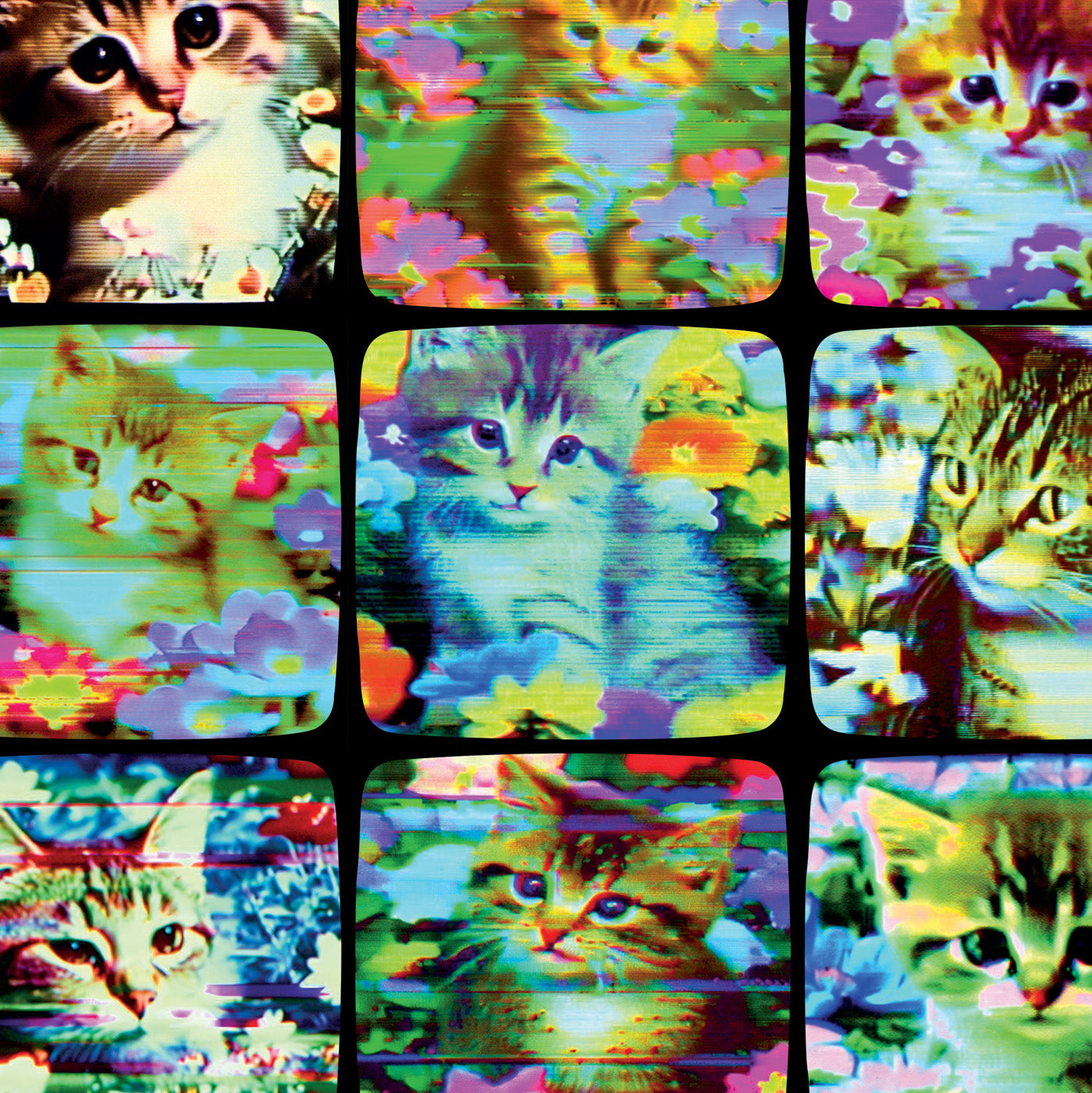 Retro styled poster 'Video Kittens - Cats in Early Video Art 1969-1983' featuring glitchy images of cats in gardens