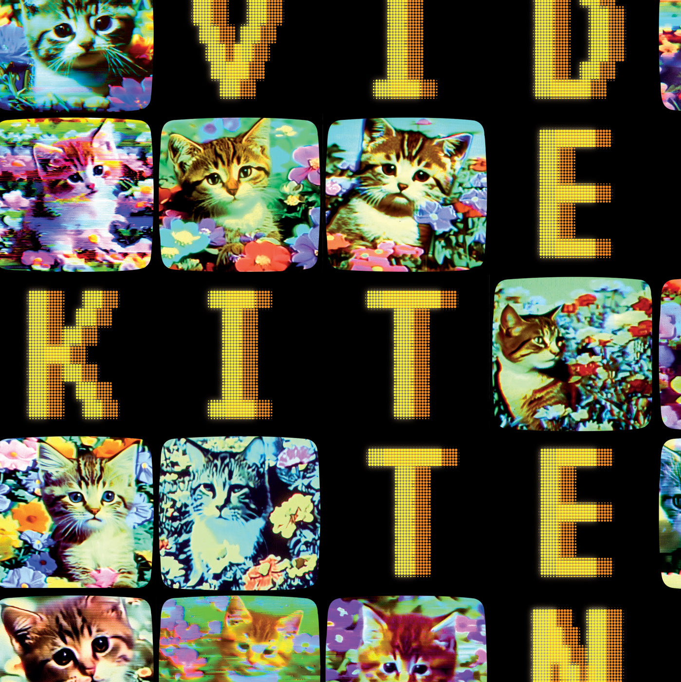 Retro styled poster 'Video Kittens - Cats in Early Video Art 1969-1983' featuring glitchy images of cats in gardens