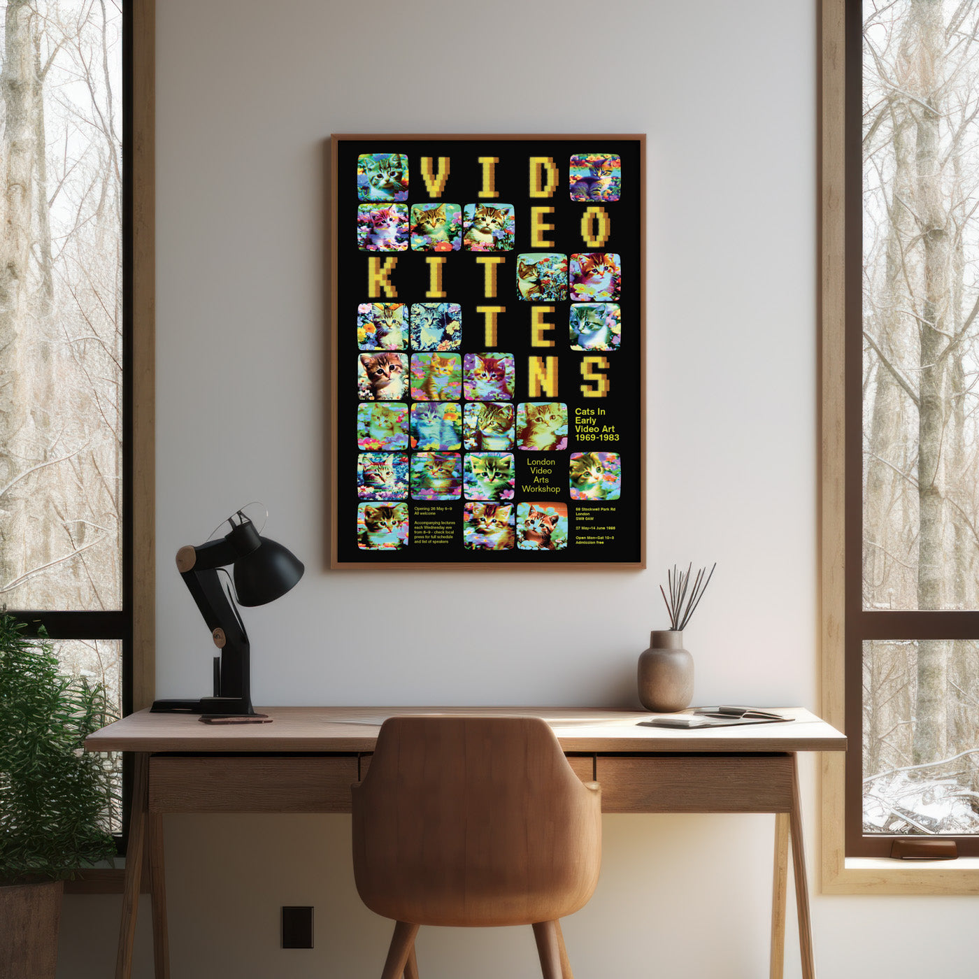 Retro styled poster 'Video Kittens - Cats in Early Video Art 1969-1983' featuring glitchy images of cats in gardens