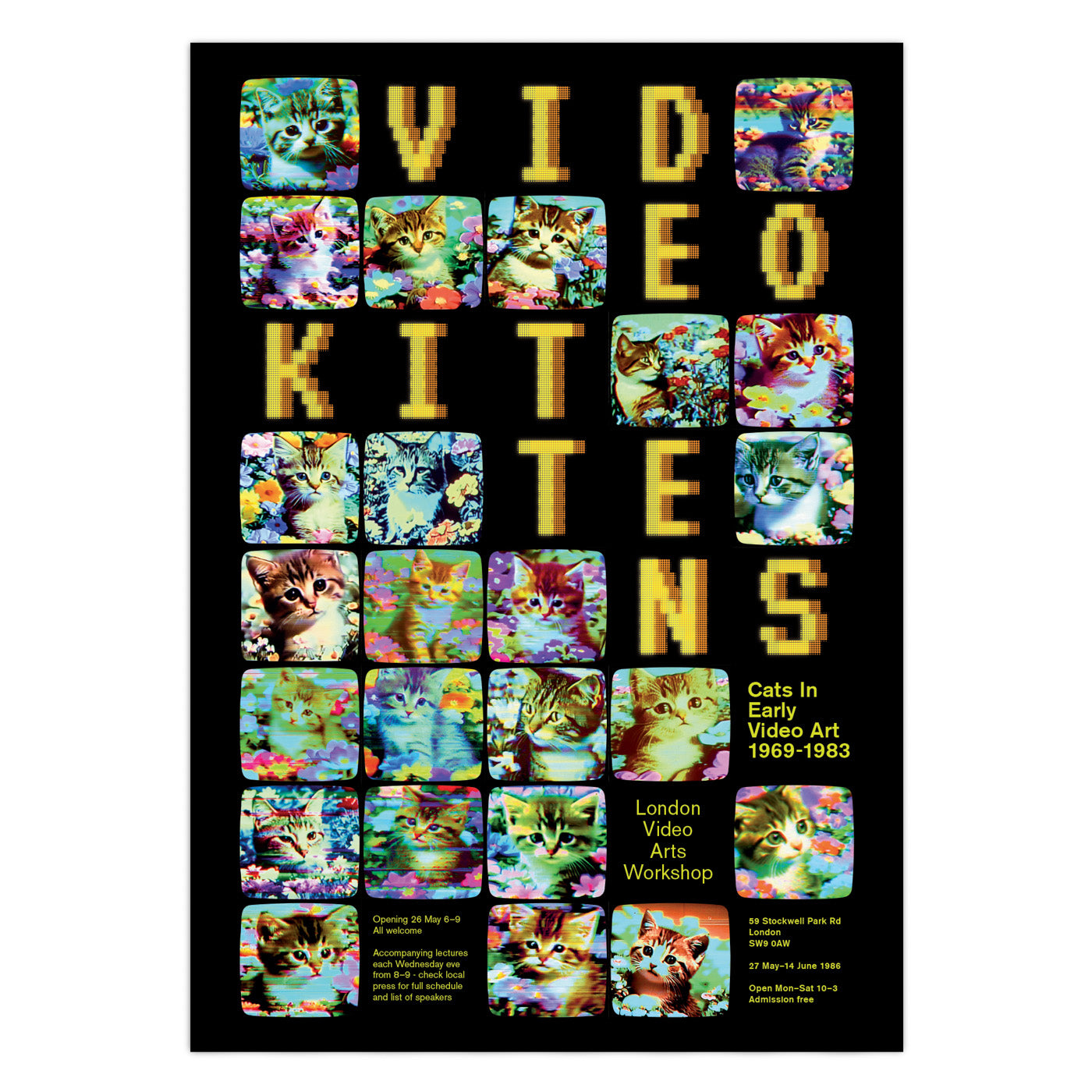 Retro styled poster 'Video Kittens - Cats in Early Video Art 1969-1983' featuring glitchy images of cats in gardens