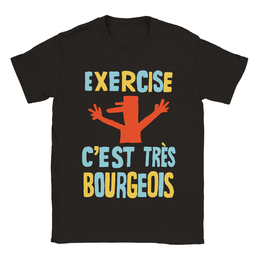 1968 Paris Protest Inspired T-Shirt with Charles de Gaulle Illustration and 'Exercise, c'est très bourgeois' Text