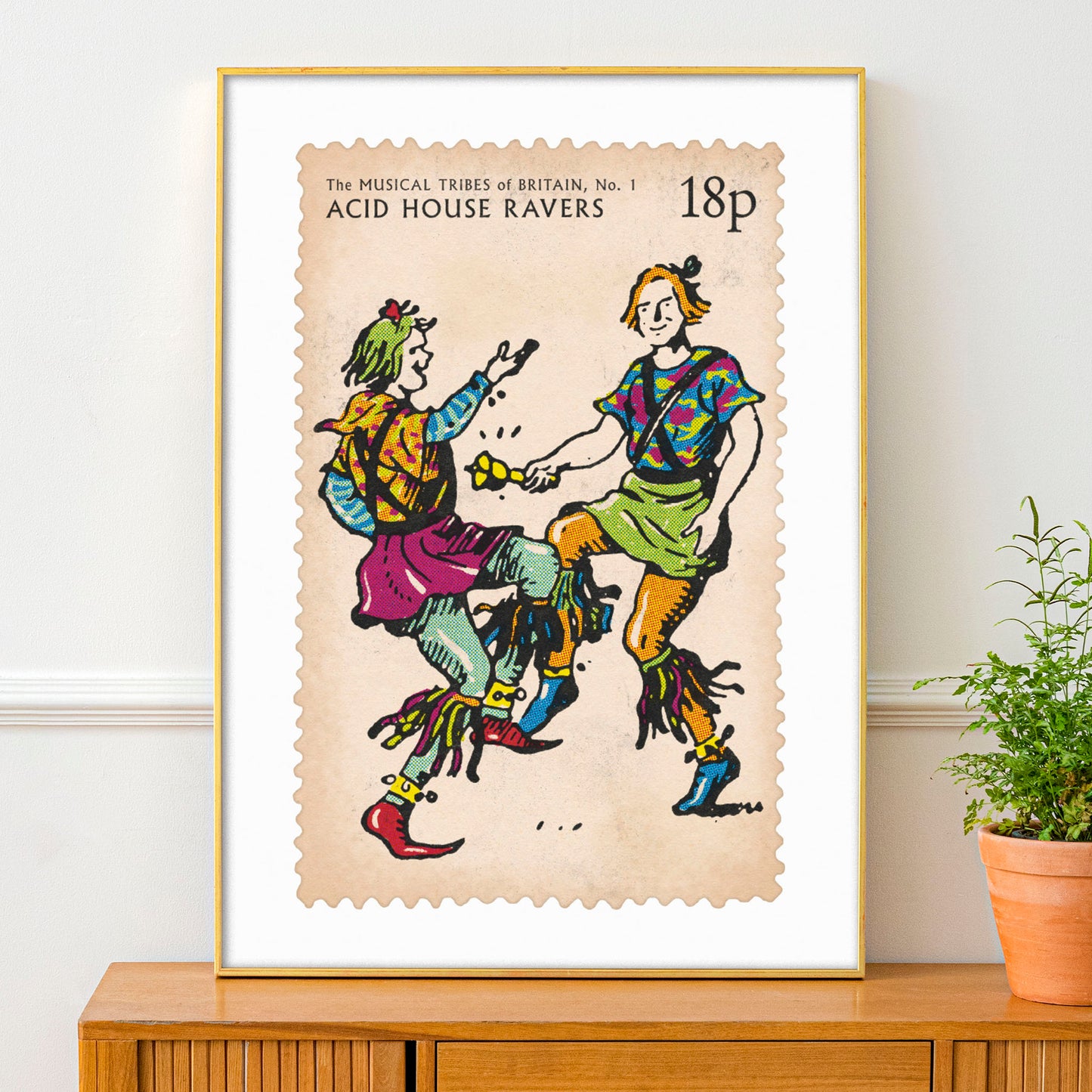 'Acid House Ravers' print. From the 'Musical Tribes Of Britain' humorous commemorative postage stamp print series