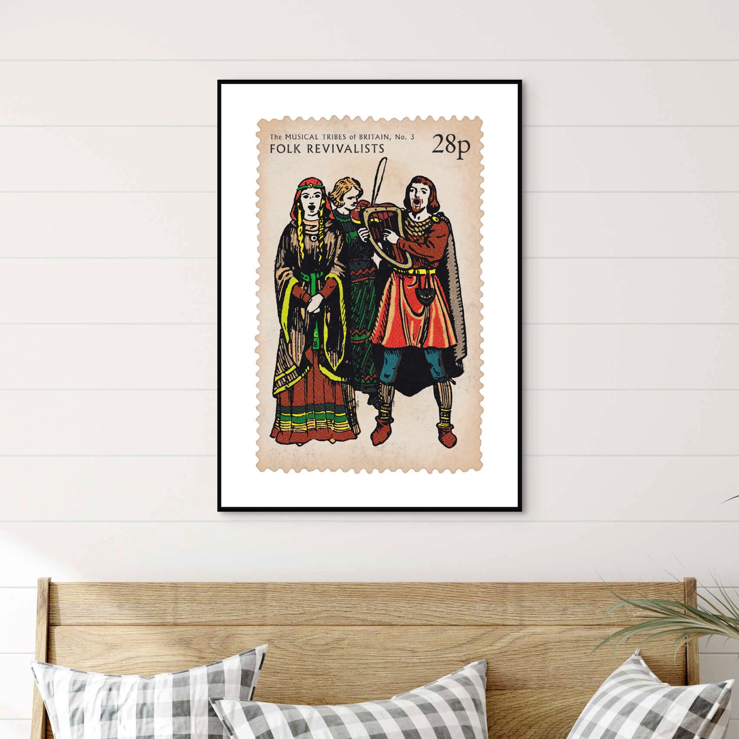 'Folk Revivalists' print. From 'The Musical Tribes Of Britain', a humorous commemorative postage stamp print series