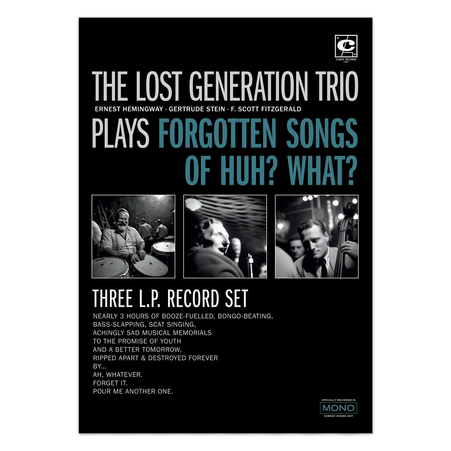 The Lost Generation Trio - Ernest Hemingway, Gertrude Stein, F. Scott Fitzgerald - Spoof Jazz Album Cover Poster Print