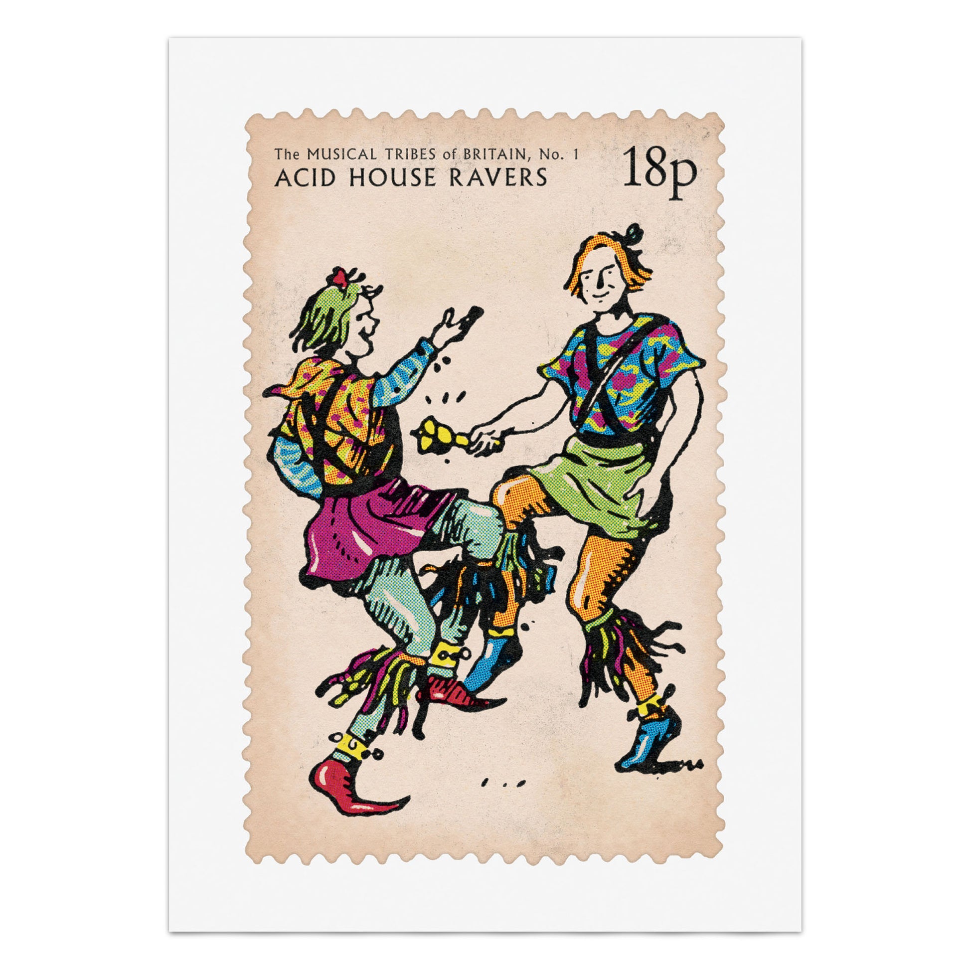 'Acid House Ravers' print. From the 'Musical Tribes Of Britain' humorous commemorative postage stamp print series