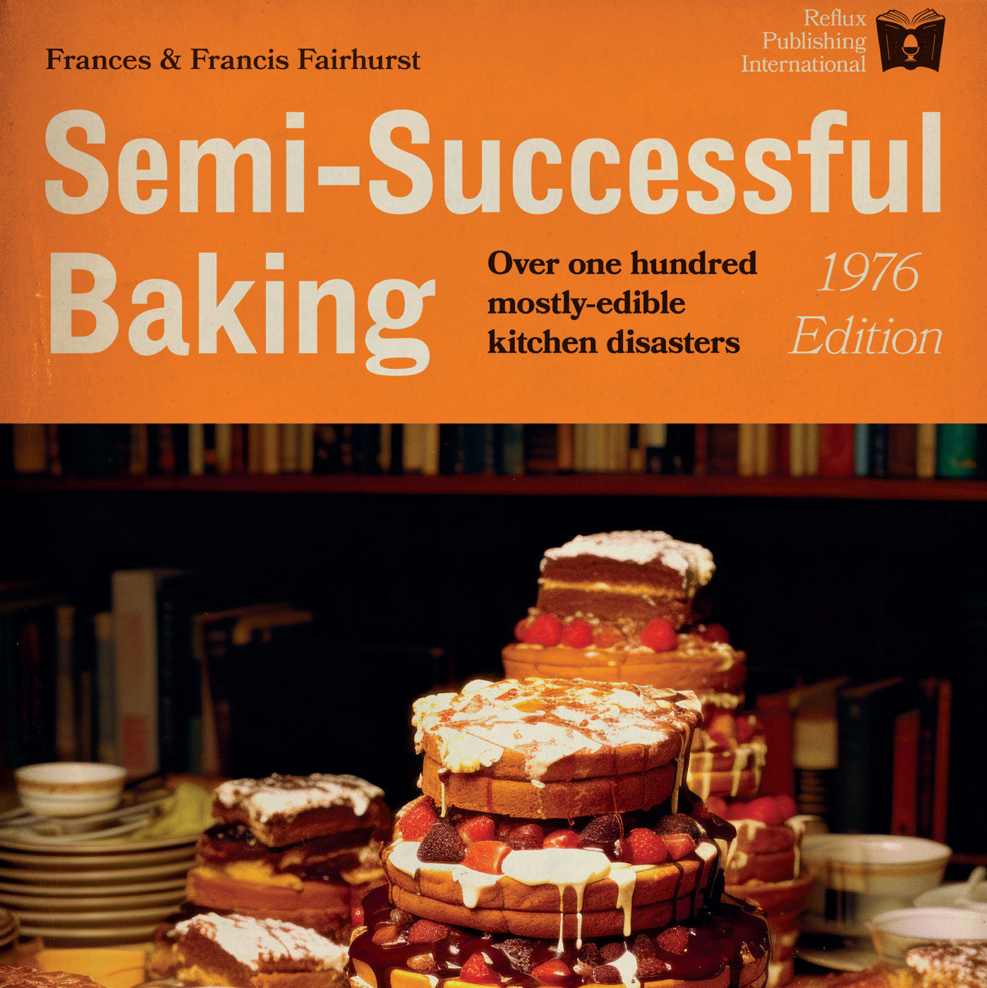 Image of 'Semi-Successful Baking' humorous art print depicting a spoof 1970s cookbook cover with messy home-baked cakes