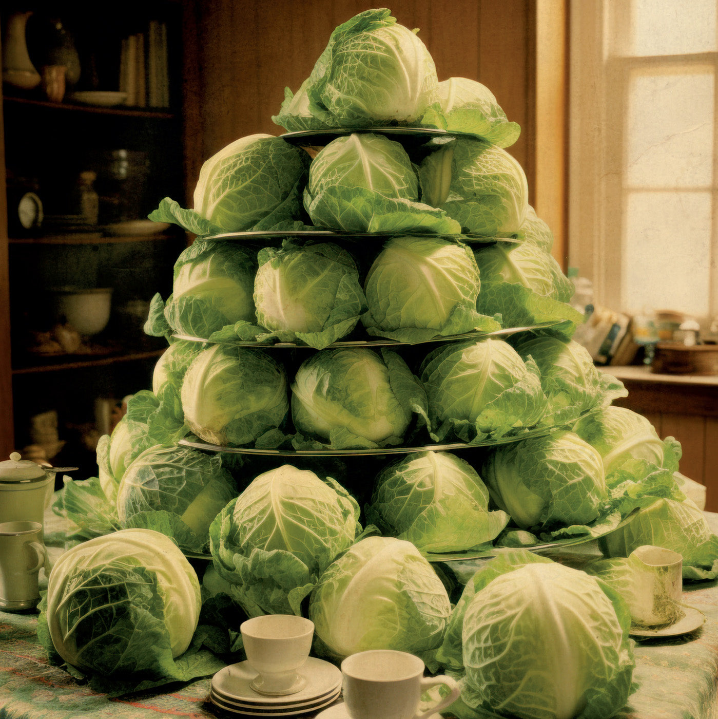 Humorous art print showing a vintage-style cookbook cover titled 'Vegetarianism for the Truly Dedicated,' featuring a towering pile of raw cabbages as a meal