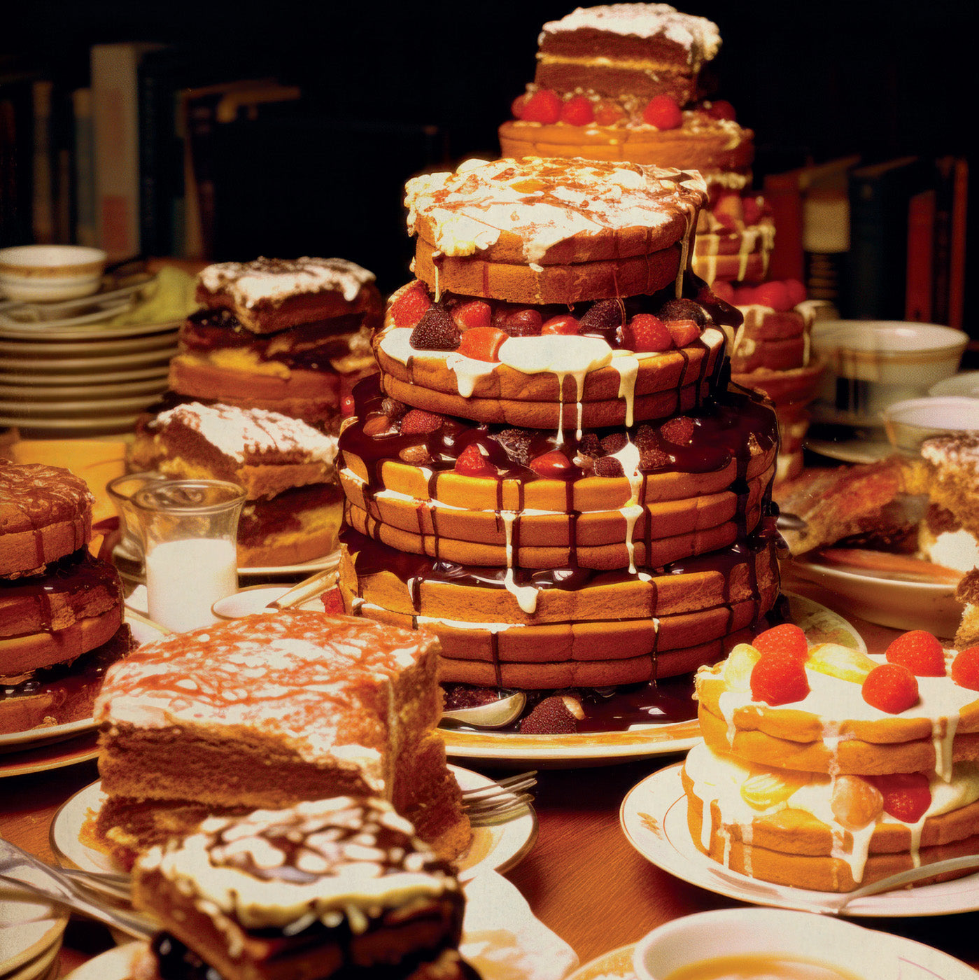 Image of 'Semi-Successful Baking' humorous art print depicting a spoof 1970s cookbook cover with messy home-baked cakes