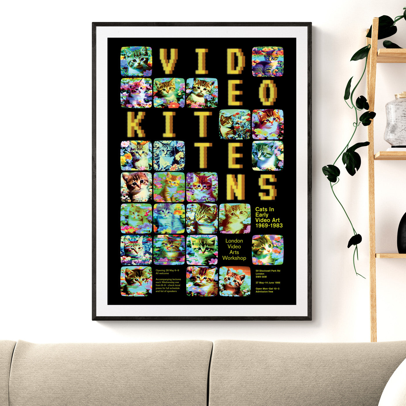 Retro styled poster 'Video Kittens - Cats in Early Video Art 1969-1983' featuring glitchy images of cats in gardens