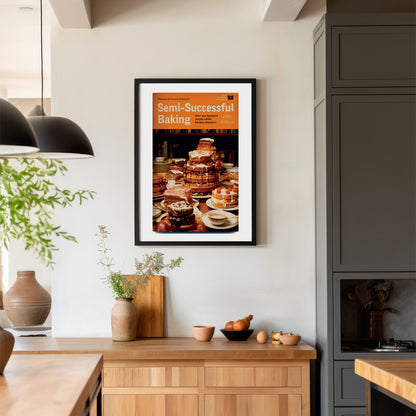 Image of 'Semi-Successful Baking' humorous art print depicting a spoof 1970s cookbook cover with messy home-baked cakes