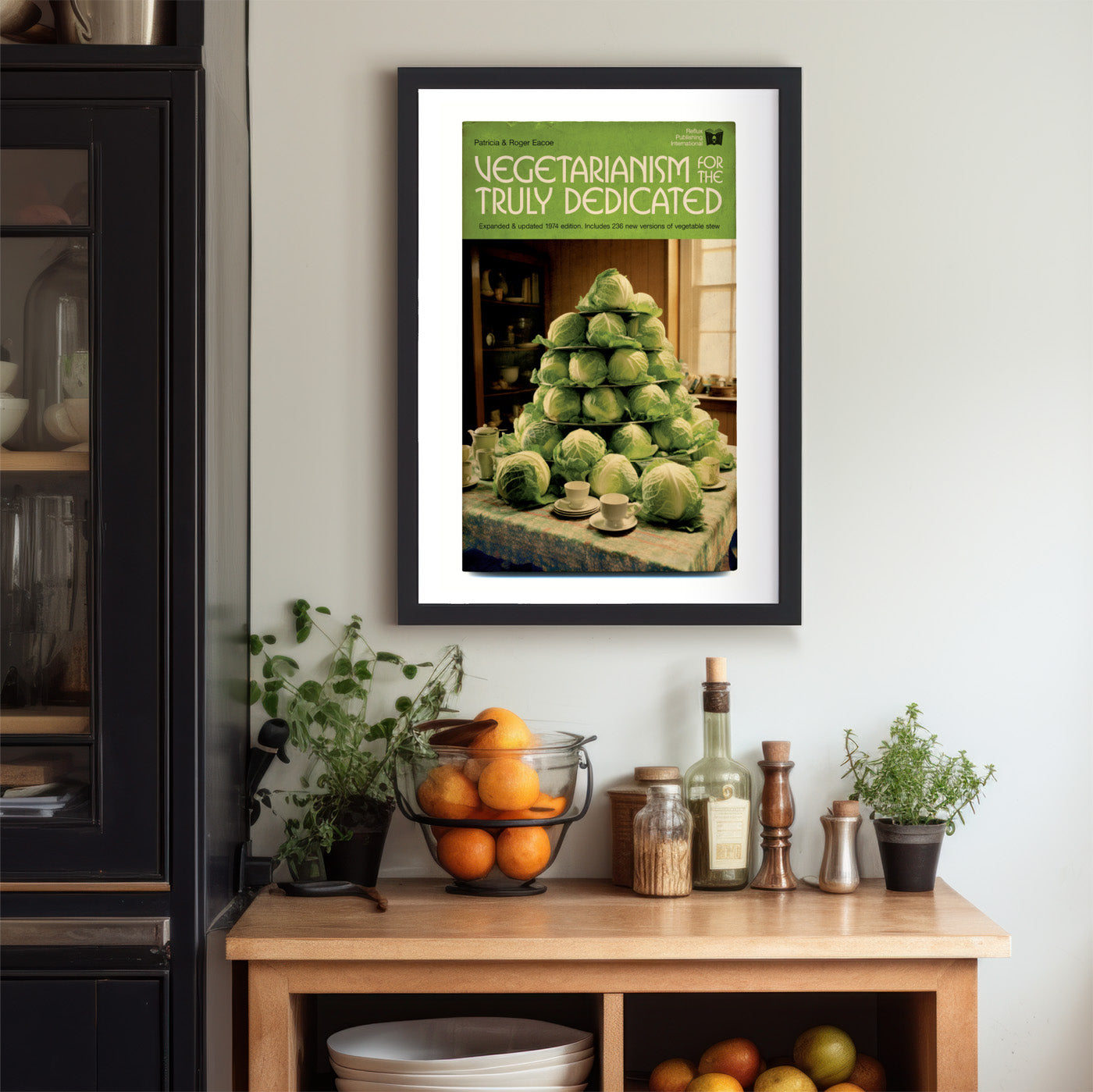 Humorous art print showing a vintage-style cookbook cover titled 'Vegetarianism for the Truly Dedicated,' featuring a towering pile of raw cabbages as a meal