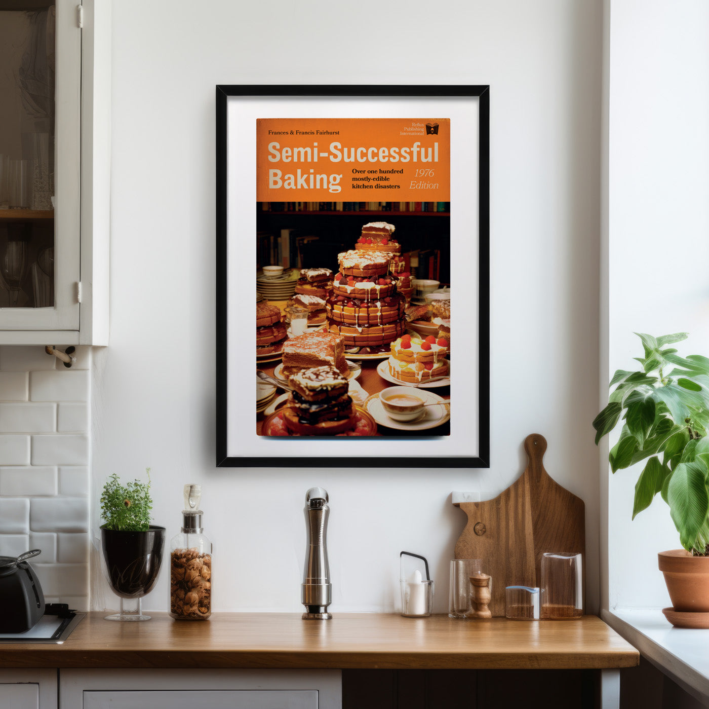 Image of 'Semi-Successful Baking' humorous art print depicting a spoof 1970s cookbook cover with messy home-baked cakes