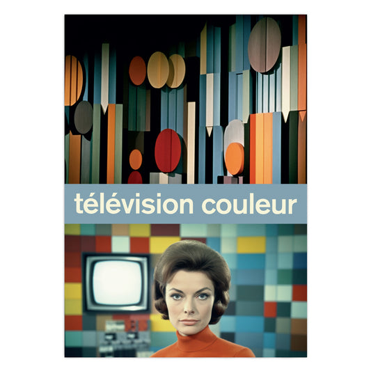 1960s French Colour TV Print depicting TV studio set with vibrant geometric shapes
