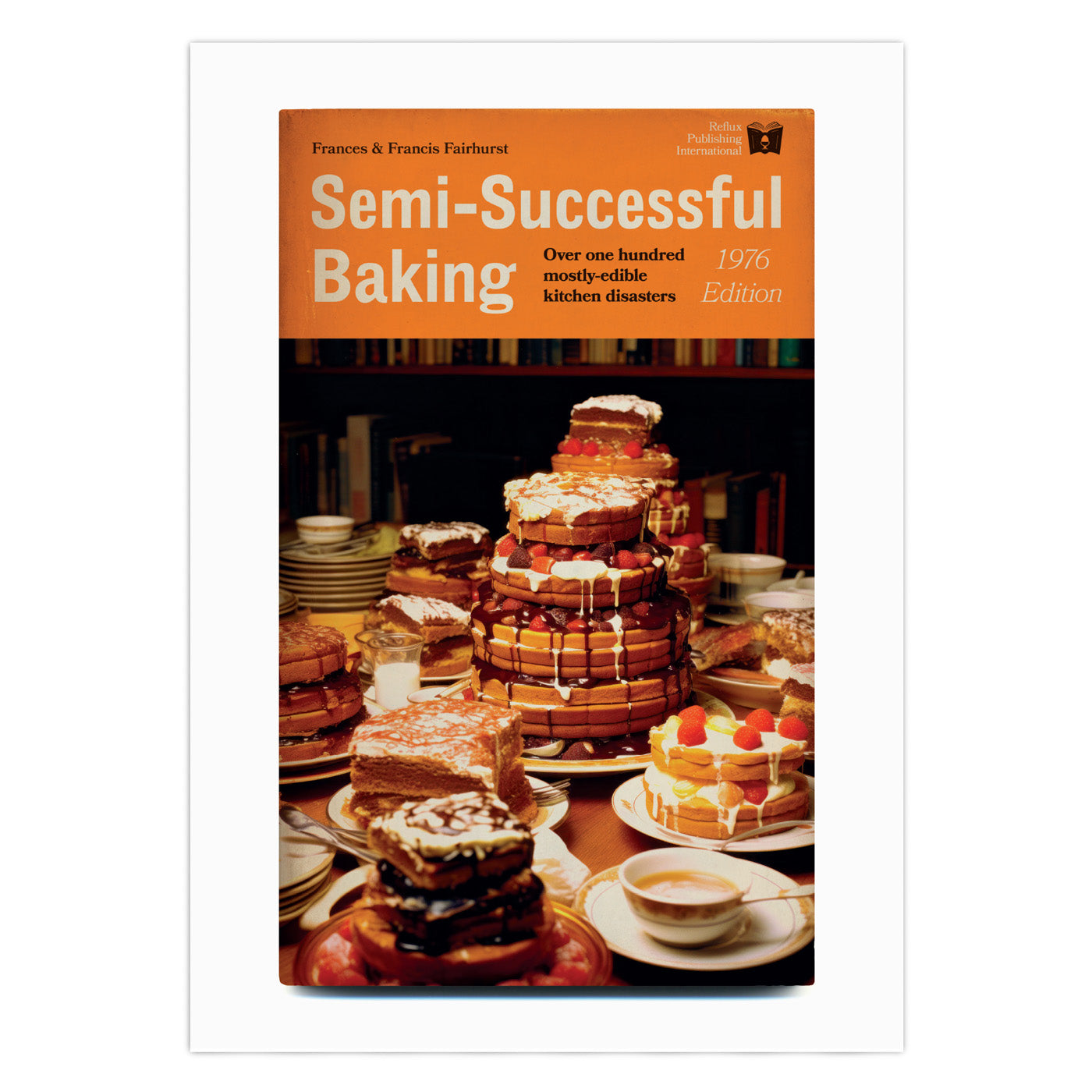 Image of 'Semi-Successful Baking' humorous art print depicting a spoof 1970s cookbook cover with messy home-baked cakes