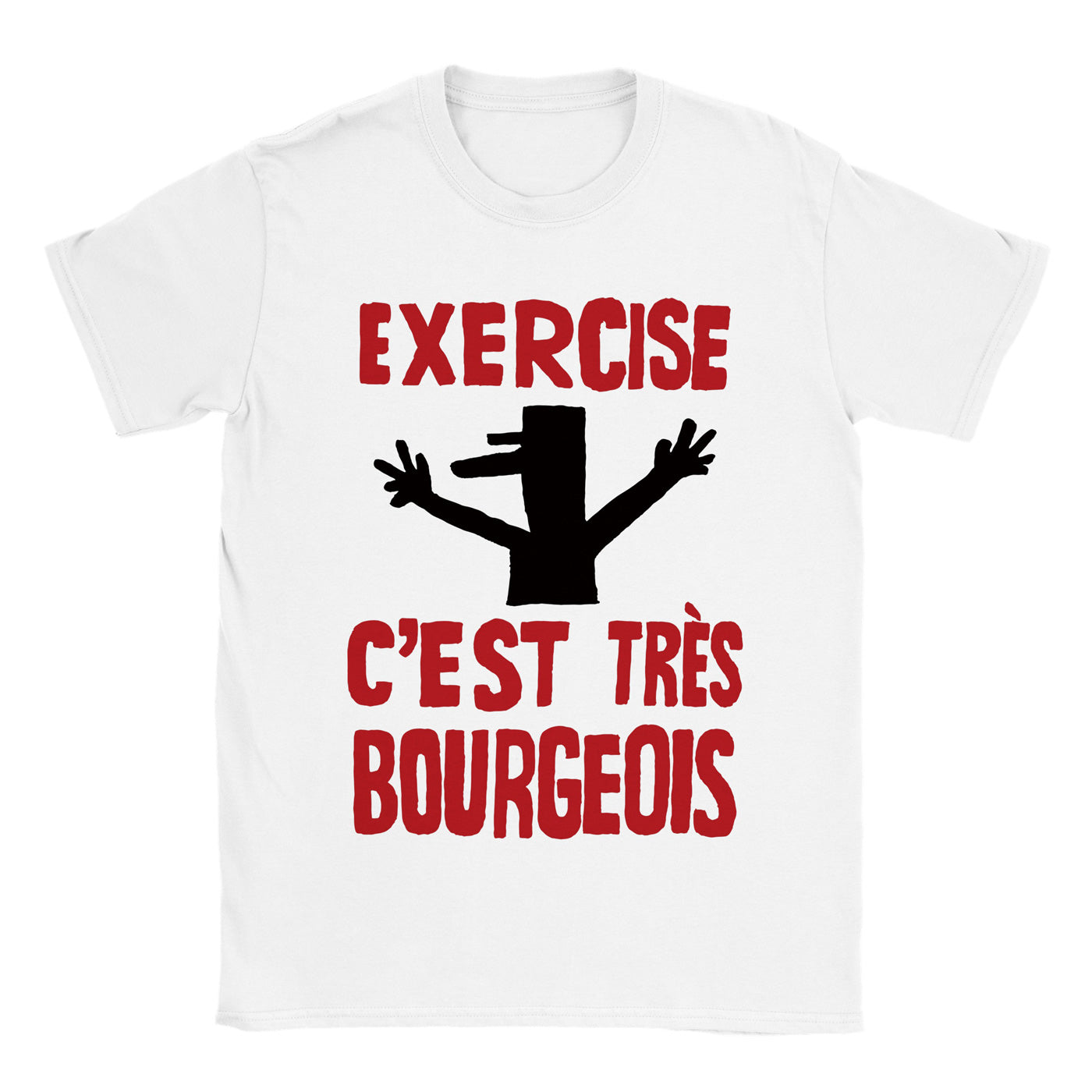 1968 Paris Protest Inspired T-Shirt with Charles de Gaulle Illustration and 'Exercise, c'est très bourgeois' Text