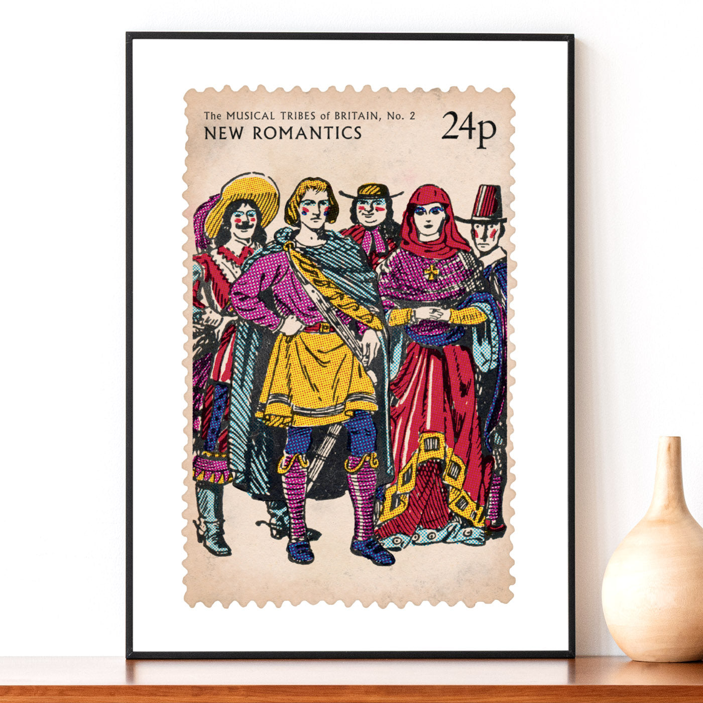 'New Romantics' print. From 'The Musical Tribes Of Britain', a humorous commemorative postage stamp print series