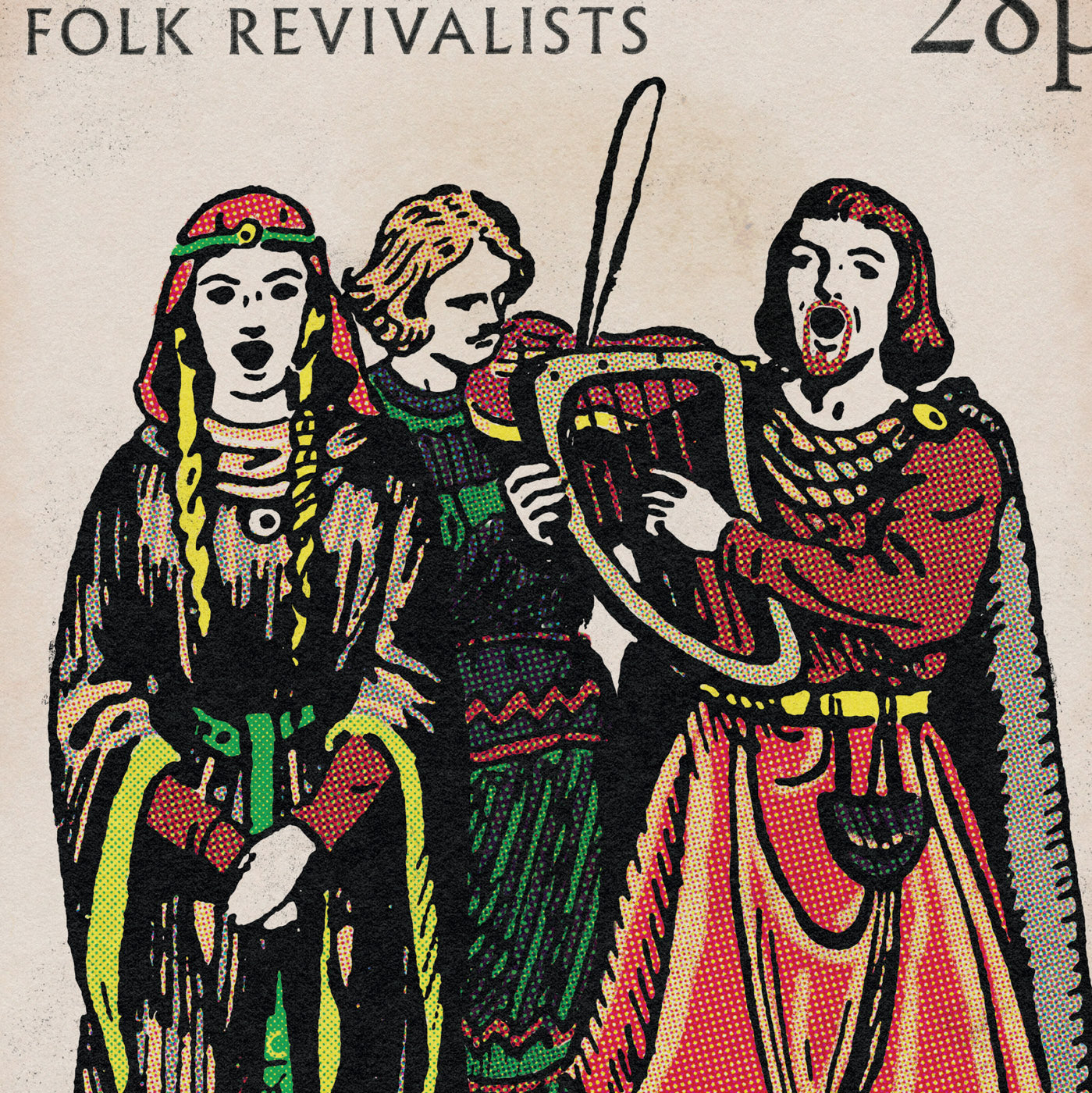 'Folk Revivalists' print. From 'The Musical Tribes Of Britain', a humorous commemorative postage stamp print series
