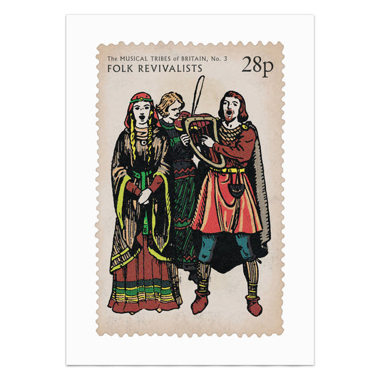 'Folk Revivalists' print. From 'The Musical Tribes Of Britain', a humorous commemorative postage stamp print series
