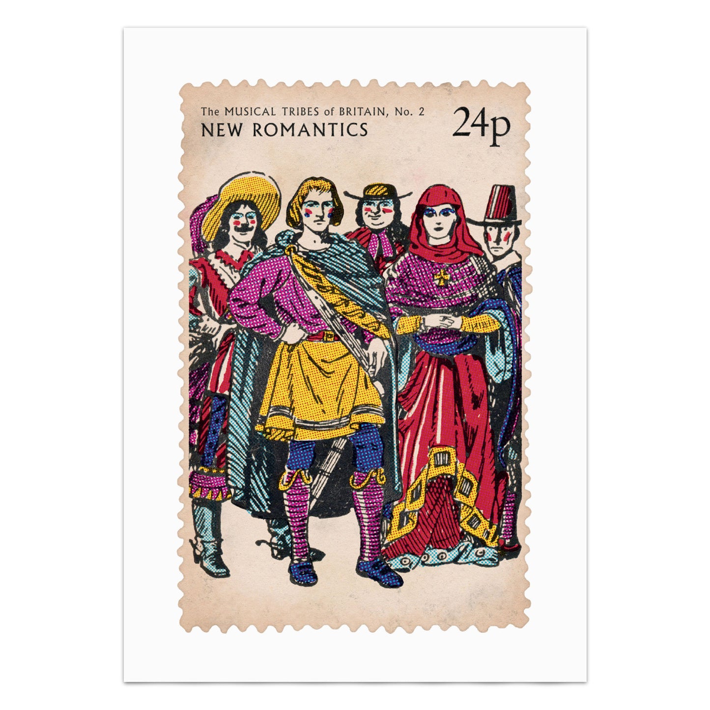 'New Romantics' print. From 'The Musical Tribes Of Britain', a humorous commemorative postage stamp print series