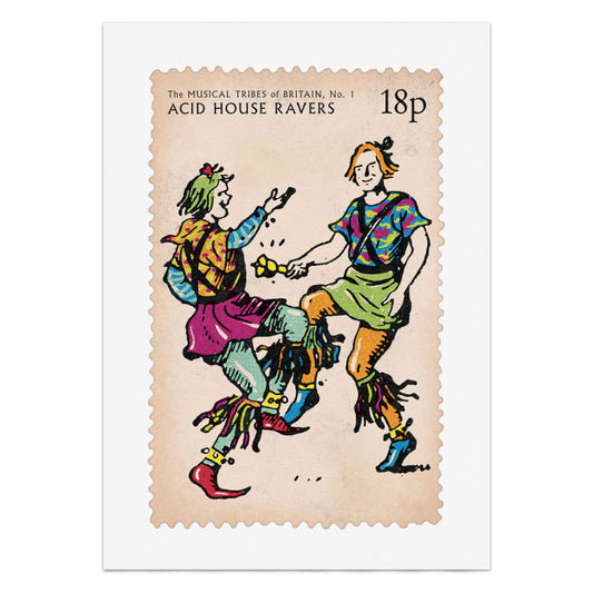 'Acid House Ravers' print. From the 'Musical Tribes Of Britain' humorous commemorative postage stamp print series